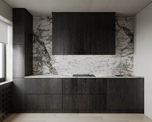 Solutions d'exportation en gros, armoires de cuisine personnalisées minimalistes sans poignée, finition stratifiée en noyer noir à grain de bois vertical - Product Image 5