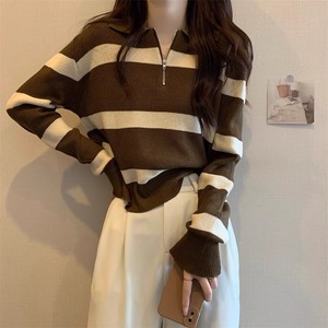 Suéter de Punto a Rayas para Mujer, Manga Larga, Cuello Polo, Cierre de Cremallera, Otoño Invierno, Talla Única, Gris, Albaricoque, Café, Negro - Product Image 2