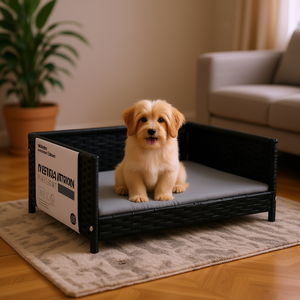 Lit pour chien en rotin gris, taille moyenne, coussin imperméable, lit d'intérieur pour chiens et chats, style moderne, forme rectangulaire - Product Image 2