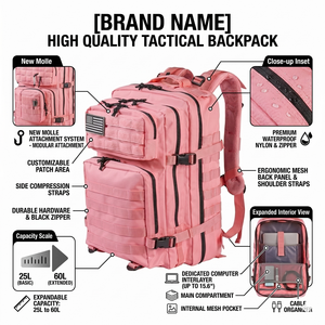 Mochila táctica personalizada de alta calidad de 25L-60L para exteriores, mochila impermeable de nailon con cremallera para ordenador, bolsa intermedia, mochila nueva Molle - Product Image 1