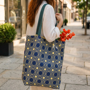 Premium Cotton Printed <b>Tote</b> <b>Bag</b> | <b>Blue</b> & Beige Geometric Pattern Reusable Shopping <b>Bag</b> with Long Shoulder Handles - Product Image 3