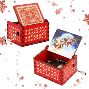 木质音乐盒木质手动八音箱圣诞快乐音乐彩绘木质彩绘音乐盒