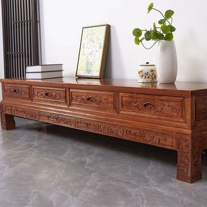 Mueble de TV de madera maciza de estilo chino, mueble bajo tallado de imitación de caoba para sala de estar, mueble de almacenamiento de pie para el suelo - Product Image 1