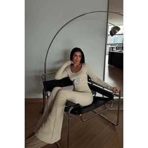 Conjunto de 2 Piezas de Punto con Detalle de Rayas Crema para Mujer, Shorts Cortos Casuales de Verano por Encima de la Rodilla, Talla XL - Product Image 2