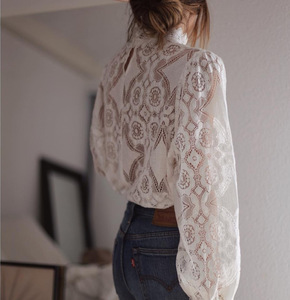 <span class=keywords><strong>Camicia</strong></span> Estiva da Donna Tinta Unita Sexy Trasparente con <span class=keywords><strong>Maniche</strong></span> <span class=keywords><strong>a</strong></span> <span class=keywords><strong>Palloncino</strong></span>, Blusa <span class=keywords><strong>a</strong></span> <span class=keywords><strong>Maniche</strong></span> Lunghe <span class=keywords><strong>Bianca</strong></span> in Pizzo Traforato - Product Image 3