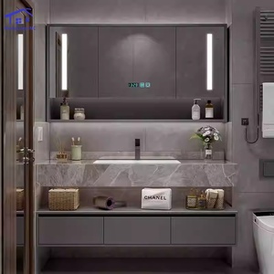 Black minimalist luxury smart mirror cabinet with hanging cabinet body white washbasin and marble countertop - Product Image 3