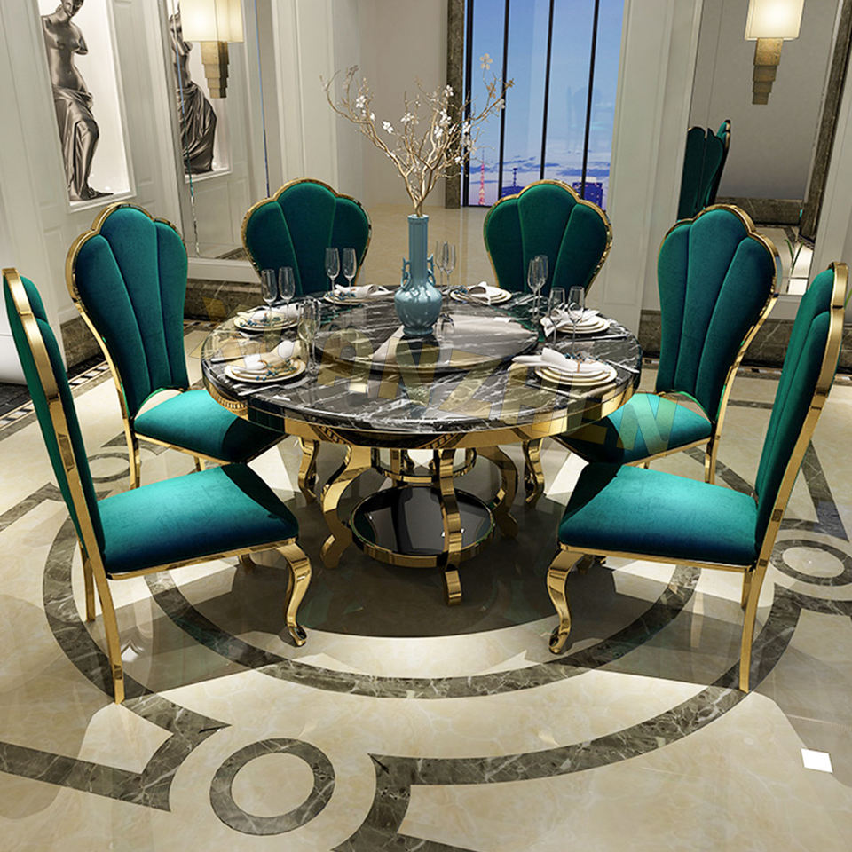 Modern 6 Seater Round Marble Dining Table Set with Golden Stainless ...