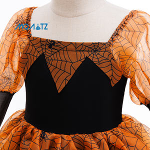 Nuevo Vestido Formal de Manga Larga para Niñas, Estampado de Telaraña Negra y Naranja, Cuello Redondo, Diseño Floral, para 8 Años - Product Image 4