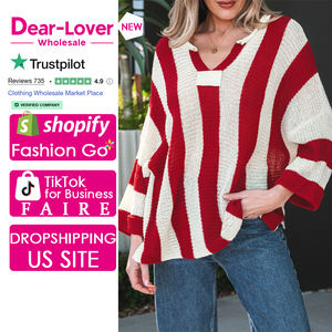 Dear-Lover Maglione da <span class=keywords><strong>Donna</strong></span> all'Ingrosso con Scollo a V, Maniche a Bracciale e Motivo a Righe Rosse Colorblock - Product Image 1