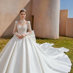 Nuovo Arrivo: Abito da <span class=keywords><strong>Sposa</strong></span> a Maniche Lunghe, Vestito Nuziale in Raso Linea A con Top in Pizzo e Tulle, Abito da <span class=keywords><strong>Sposa</strong></span> Semplice ed Elegante per Spose - Product Image 4