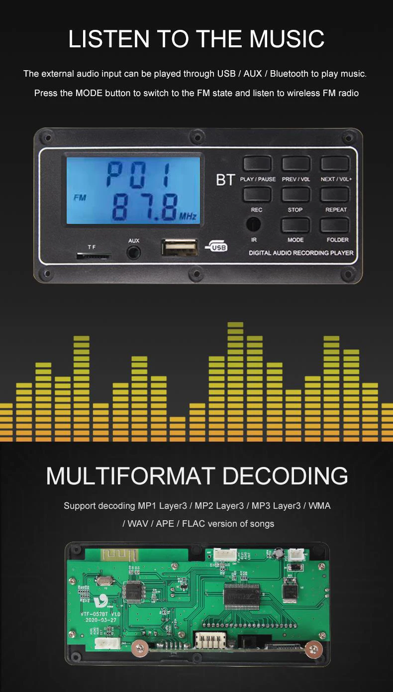 VIRE LCD Display Fm MP3 Kit Decoder Board Bluetooth Usb Mp3 Player Module