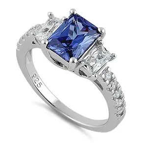 Elegante Vierkante Blauwe Cz 3 Stenen Sterling Zilveren Verlovingsring Voor Vrouwen Bruiloft