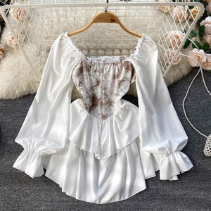 Nuovo Abito Primaverile con Colletto Quadrato, Stile Retrò, Spalle Scoperte, Tie-Dye, Stile <span class=keywords><strong>Palazzo</strong></span>, con Volant e Lunghezza Media - Product Image 3