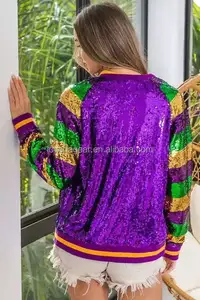 Loveda atacado roupas mardi gras moda casual personalizada com lantejoulas para mulheres jaqueta com zíper de manga comprida para festas e feriados