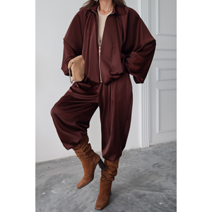 Pantalones Harem de satén elegantes para mujer, color marrón oscuro, holgados, cómodos, de cintura alta, para uso informal - Product Image 5