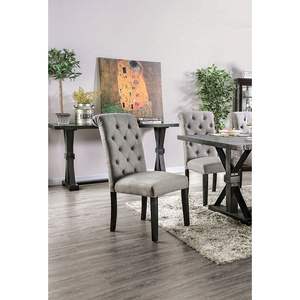 DB Classic Antique Black Light Gray Tufted Linen Fabric Upholstered Scroll <b>Side</b> Chairs Solid Wood Dining Chairs - Product Image 3