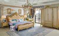 Ensemble de meubles de chambre à coucher de luxe, style royal français classique, en bois de hêtre, avec feuilles d'or, tissu italien, hypoallergénique, extensible, pour lit Queen/King