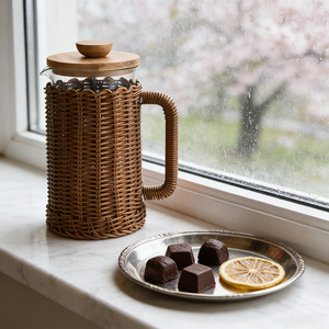 Elegante French Press con Coperchio in Bambù, Base in Sughero e Vetro Resistente al Calore, 350-1000ml, Ideale come Regalo - Product Image 1