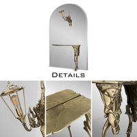 Table console mystique Living Room Boulevards avec miroir et lampe, art mural sculptural alliant laiton doré, le bois et l'acier inoxydable