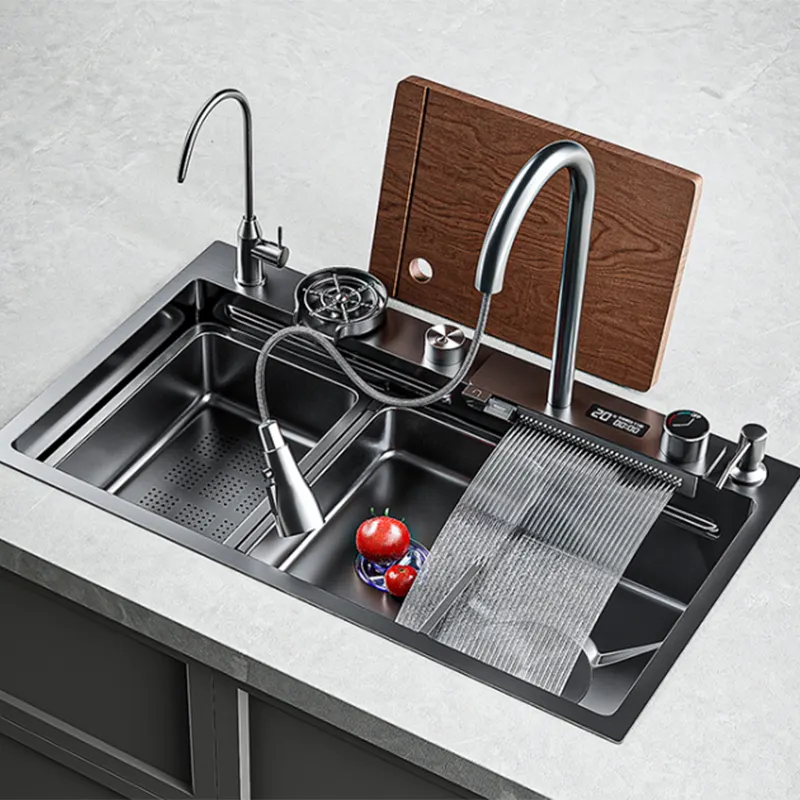 luxury multifunctional kitchen sinks stainless steel sink waterfall rainfall single bowl kitchen sink with cup wash