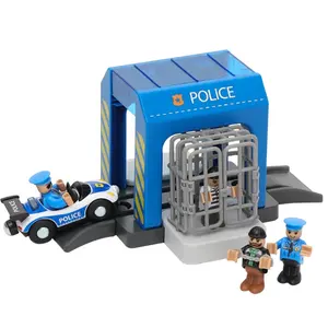 Kids emulational police station car wash room city scene wooden track compatible train toy railway