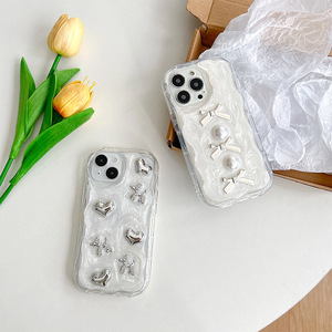 Cover per <span class=keywords><strong>iPhone</strong></span> 15 13 12 11 17 Pro Max con design INS, <span class=keywords><strong>cuore</strong></span> 3D in perle e fiocco con colla a goccia, custodia posteriore glitterata per ragazza - Product Image 3