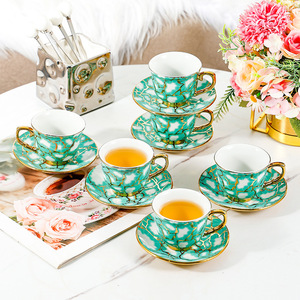 Ceramic Coffee <b>Cup</b> <b>Set</b> With Saucers Green Gold Edging For Afternoon <b>Tea</b> Breakfast Use Round Handle Design - Product Image 1