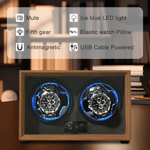 Boîte à remontoir de montre automatique en bois à double rotation avec lumière LED bleu glace pour le rangement des montres mécaniques - Product Image 1