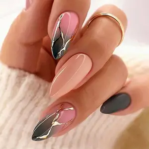 Almond Press on Nails Crack Gradient Acrylic Fake Nails Long Oval Glue on Nails with Wavy Lines Design Reusable Stick on Tips