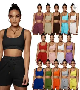 2024 verano <span class=keywords><strong>Mujer</strong></span> Crop Top pantalones cortos Conjunto personalizado <span class=keywords><strong>XS</strong></span> <span class=keywords><strong>mujer</strong></span> Casual tejido sudor corto traje personalizado dos piezas chándal - Product Image 1