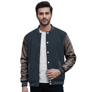 Dark varsity <b>jacket</b> with <b>grey</b> sleeves mens unisex baseball style button up rib trim custom logo option casual warm outerwear - Product Image 1