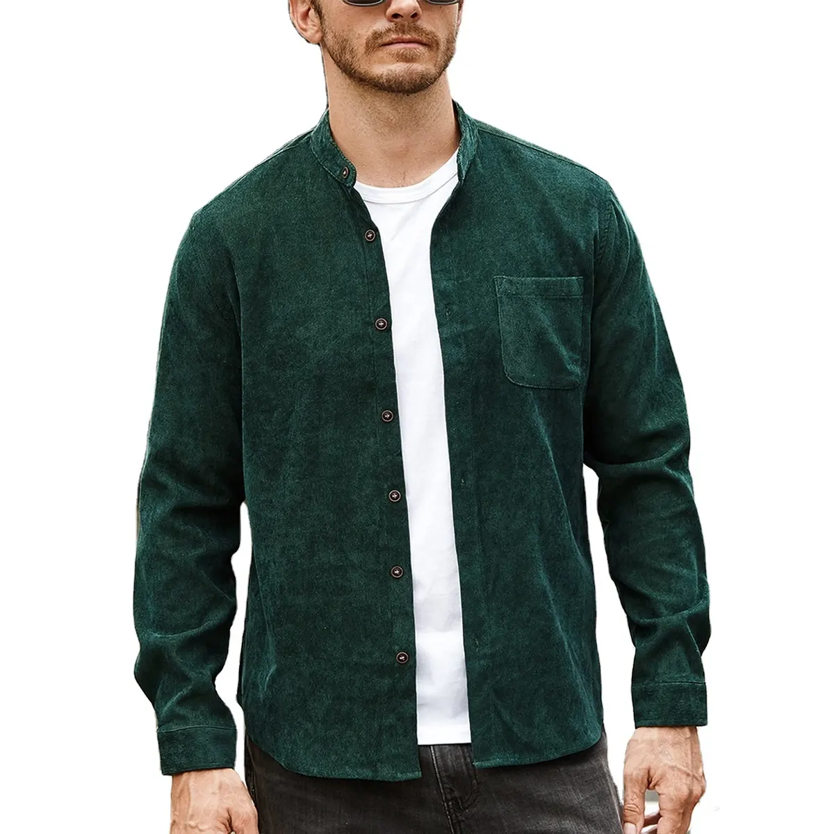 Stylish Retro Buttons Anti Wrinkle Sublimation Blank Army Green Vintage Corduroy Full Sleeve Shirt Mens
