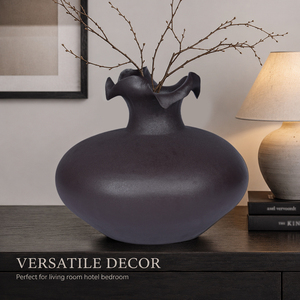 Vase en céramique gris anthracite moderne, fait main, texture mate, bord ondulé irrégulier, vase décoratif pour la maison, l'hôtel, la décoration de bureau - Product Image 2
