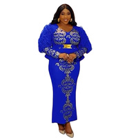 Robe de soirée grande taille pour femme, style africain, col en V, ornée de perles, en fibre de polyester, taille haute, manches longues