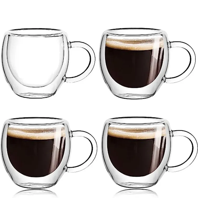 ถ้วยกาแฟแก้วทนความร้อนแบบมีหูจับแก้วบอโรซิลิเกตฉนวนสองชั้นสีใสออกแบบโลโก้ได้ตามที่ต้องการ