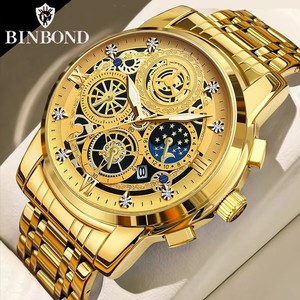 Montre décontractée pour homme BINBOND, en acier inoxydable, simple, 20 mm, populaire, lumineuse, étanche 3 ATM, avec date, mouvement à quartz - Product Image 1