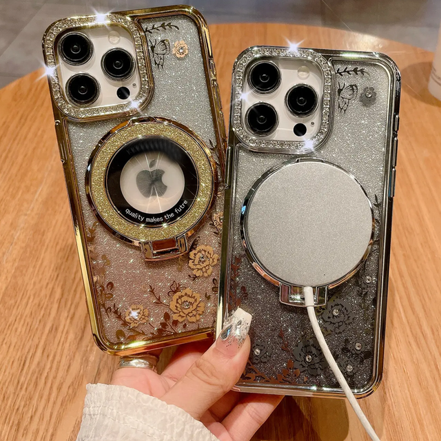 For 16 15 14 13 12 Pro Max Luxury Magnetic Flower Pattern TPU+Acrylic Shockproof Phone Case