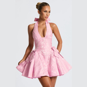 Abito Estivo da Donna con Scollo a V Profondo, Fiocco sul Collo, Vita Alta e <span class=keywords><strong>Gonna</strong></span> Corta con Perline, Stile Europeo e Americano, Elegante - Product Image 6