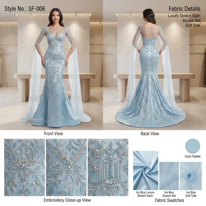 Vestido de Noche Largo Azul Hielo Satinado Moderno con Adornos Hechos a Mano, Sujetador Incorporado, Ecológico, para Fiestas Formales y Bodas - Product Image 2