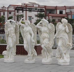 Exquisite, großformatige, handgeschnitzte Marmor-Engelsstatue im westlichen Stil, religiöse Ganzkörper-Frauenstatue mit Sockel, individuelles Design - Product Image 1