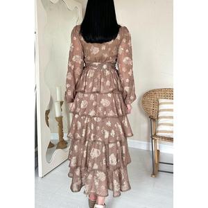 Vestido de chifón translúcido con estampado floral, cuello redondo, cintura alta, línea A, a rayas, con volantes, estilo casual para uso diario, venta al por mayor - Product Image 1