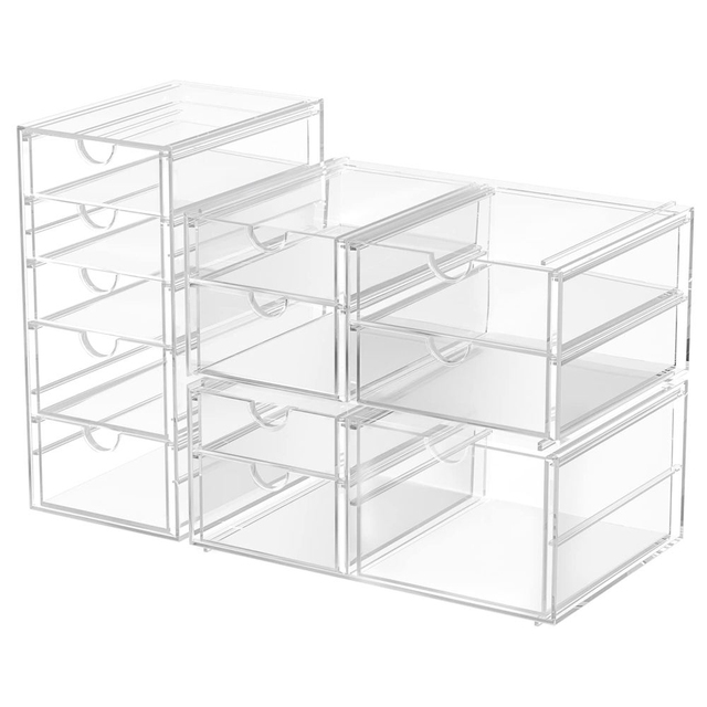 4-Pack Clear Acrylic 16-Drawer Desk Organizer Stackable Makeup Storage Drawers for Office Supplies Jewelry Cosmetic