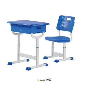 Ekintop小学单蓝色聚乙烯塑料书桌，带储物学生学校桌椅套装