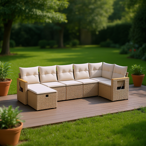 Ensemble de canapés de jardin en rotin beige, structure en acier, salon extérieur modulaire, 6 places, design contemporain - Product Image 2