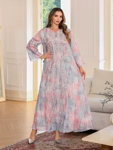Heavy Embroidery Rhinestone & <b>Sequin</b> Printed Maxi Dress, Elegant A-Line <b>Flared</b> Gown, Luxury Socialite Style, Women's Long Dress - Product Image 1