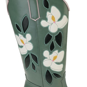 Handmade Green PU Leather Knee-High Western <strong>Cowboy</strong> <strong>Boots</strong> for Women Custom Floral Inlay Embroidered Pointed Toe Autumn Winter - Product Image 4