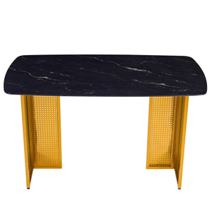 OEHOME Modern-Style Rectangular Tempered Glass Dining <b>Table</b> 6-Piece Set Marble-Patterned Design Golden Hollow-Out Metal <b>Legs</b> - Product Image 5
