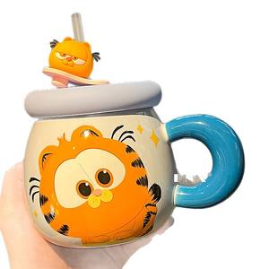 Taza de cerámica Dnx Garfield con tapa y pajita, diseño de dibujos animados amarillos, para oficina, hogar, regalo de graduación, taza individual - Product Image 2