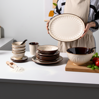 Service de table en céramique durable de style rétro européen, bols, assiettes, couleur sous-glaçure de luxe léger, compatible micro-ondes, réutilisable, pour la maison