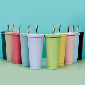 304 Stainless Steel Vacuum Insulated Tumbler With Gold Rim Straw Portable Travel Coffee Cup - Product Image 1